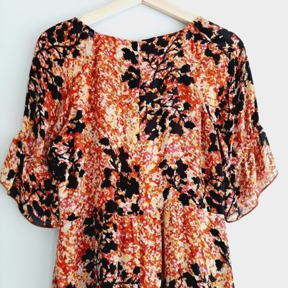 KENZIE Pretty / 100% Silk Flowy V-Neck Midi Knee Length Dress Abstract Floral M - Picture 11 of 15